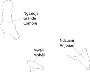 White vector map of the Union of the Comoros with black borders and names of its islands
