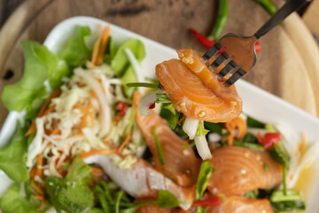 Salmon Spicy Salad closeup ready to eat