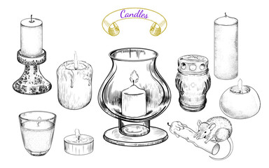 .Collection of various candles.Vector drawings in sketch style.Black and white composition on a white background.