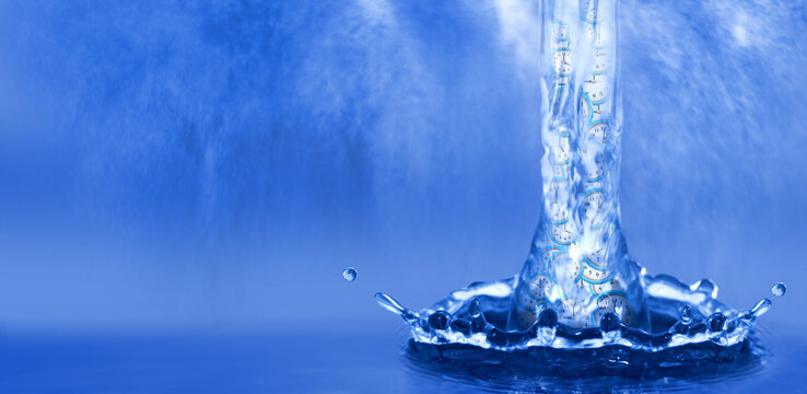 stream of water in which watch dials are viewed. The image symbolizes the transience of events