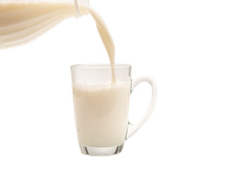Milk is being poured from a bottle into a cup.