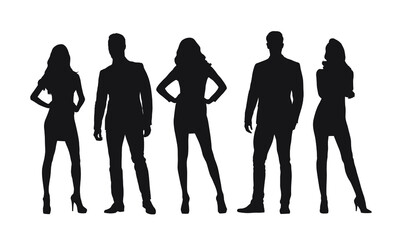 Obraz premium Businesswomen and businessmen, group of standing people, isolated vector silhouettes. 