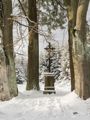 Baroque iron cross on sandstone pedestal with crucifix along snowy path with big beech trees at snow covered spruce tree forest. Brdy Mountains, Hills in central Czech Republic