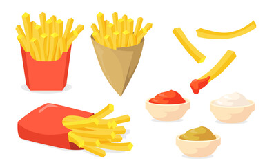 Fototapeta premium French fries set. Potato sticks in paper cones, ketchup, mayo, mustard sauces isolated on white. Vector illustration for fast food snack, street food concept