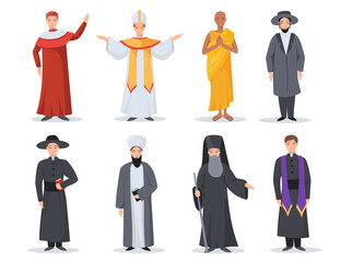 Religion ministers set. Christian pastor, Orthodox Jew, Muslim, Catholic priest, pope, Buddhist, monk isolated on white. Vector illustration for confession, belief, culture, churchman concept