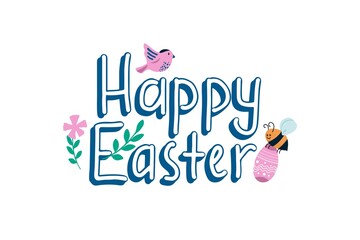 Happy Easter lettering with flower, branch, egg, bird and bee. Hand drawn vector illustration, card or banner template