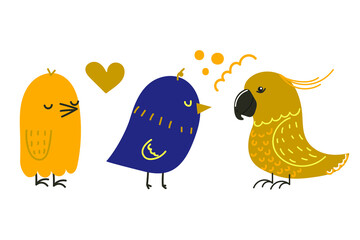 Set of hand drawn birds. Modern flat illustration.
