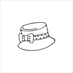 Hand-drawn women's panama hat with bow, single element. Graphic doodle, sketch, outline drawing isolated on white. Vector illustration