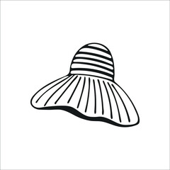 Hand-drawn summer hat for women, single element. Graphic doodle, sketch, outline drawing isolated on white. Vector illustration
