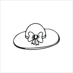 Hand-drawn summer women's hat with bow, single element. Graphic doodle, sketch, outline drawing isolated on white. Vector illustration