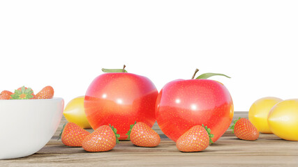 apples, strawberries and lemons on table. Isolated on white background. 3d render