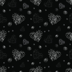 Abstract background white stylized hearts and dots on a black background. Strokes, lines, shapes. Seamless pattern. Vector illustration