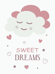 Cute baby card with a sleepy dreamy cloud in pastel colors. For printing children's paintings for the bedroom, notebooks, decorative pillows. Vector graphics.