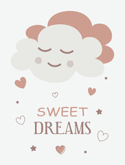 Cute baby card with a sleepy dreamy cloud in pastel colors. For printing children's paintings for the bedroom, notebooks, decorative pillows. 