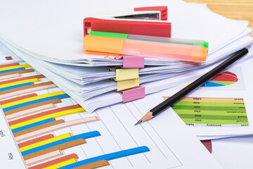 pencil, paper sheeet, graph sheet, Color highlight pen concept Office equipment