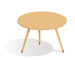 Wooden coffee table with three legs with shadow, cartoon. Isolated color object on a white.