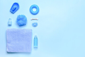 Bath accessories for baby on color background