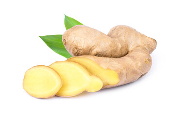 Fototapeta na wymiar Fresh ginger root with cut slice isolated on white background