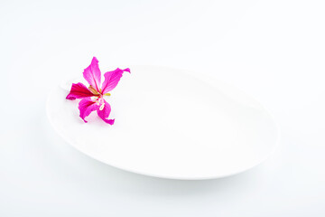 A white empty dish with flowers on a white background