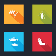 Set Honeycomb with honey dipper, Cockroach, Fish and Inhaler icon. Vector.