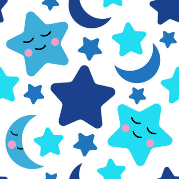 Seamless background with blue stars and moons for printing on children's fabrics, textiles, paper, bed decor. 