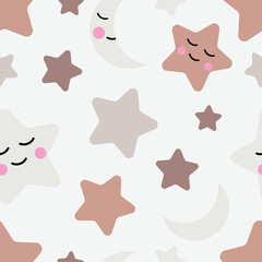 Seamless background with pastel stars and moons for printing on children's fabrics, textiles, paper, bed decor. 