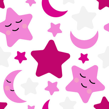 Seamless background with pink stars and moons for printing on children's fabrics, textiles, paper, bed decor. 