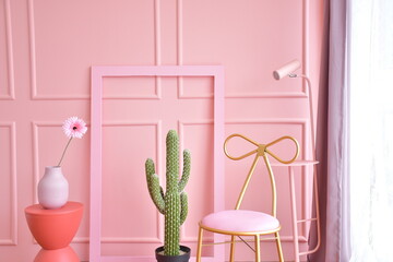 interior minimalist furniture installation in pink modern room.