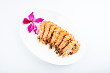 A plate of boiled black tiger shrimp