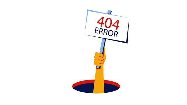 Oops...404 error, looped animation. Human hand shows from hole a message about 404 Error. Page not found message. 2d animation for web and UI design in flat style