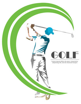 Abstract silhouette of a golf player, golfer on the white background. Golf player, abstract blue color