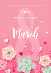 Greeting card or poster design for Women's Day 2021. Handwriting March and 8 in frame on pink background. Flowers and paper hearts on pink background. - Vector illustration