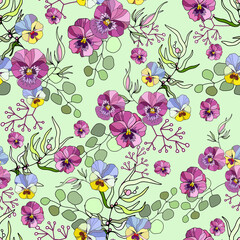 Floral vintage seamless pattern. Dark purple and green. Oriental style. Vector illustration art. For design textiles, paper, wallpaper.