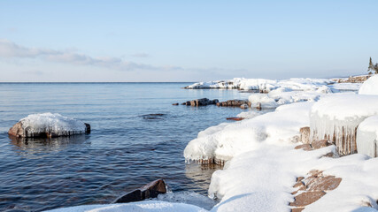 Snow /ice covered shoreline, along lake superior, Minnesota