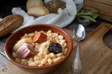 Asturian fabada plate ready to eat. Typical dish of the north of Spain. Food photography