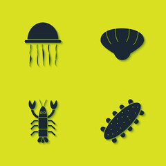 Set Jellyfish, Sea cucumber, Lobster and Scallop sea shell icon. Vector.