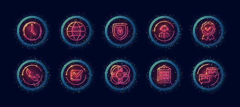 10 in 1 vector icons set related to discussion theme. Lineart vector icons in geometric neon glow style with particles isolated on background.