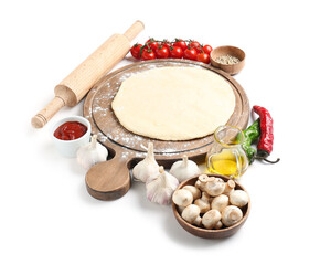 Board with ingredients for pizza on white background