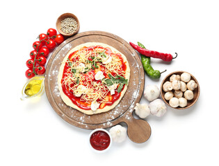 Board with uncooked pizza on white background