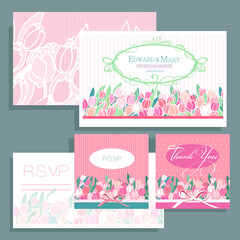 Fototapeta na wymiar Wedding invitation card in pastel colors with white tulips