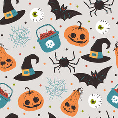 Fototapeta na wymiar Halloween vector cartoon seamless pattern. Background for wallpaper, wrapping, packing, and backdrop.