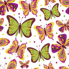 Butterflies vector cartoon seamless pattern on a white background.