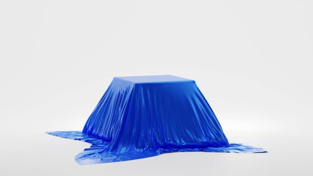 Secret present, hidden under silk fabric with drapery and folds. Blank podium, stand with tablecloth to show magic tricks. Cube, box, covered with blue wave satin cloth isolated on white background