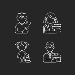 Aging process chalk white icons set on black background. Elderly woman. Schoolgirl. Female toddler. Middle-aged man. Old pensioner. Elementary education. Isolated vector chalkboard illustrations