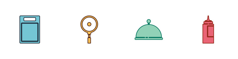 Set Cutting board, Frying pan, Covered with tray and Sauce bottle icon. Vector.