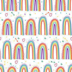 Rainbow vector cartoon seamless pattern on a white background.