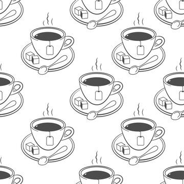 Tea mug vector seamless pattern on a white background.