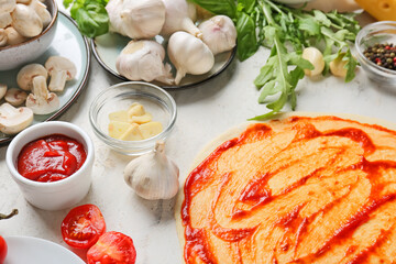 Ingredients for tasty pizza on light background