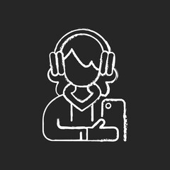 Teenage girl chalk white icon on black background. Female teenager. 13-19 years old girl. Teen behavior. Adolescent years. Individuality development. Isolated vector chalkboard illustration