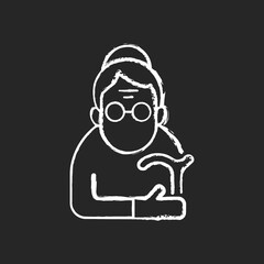 Female pensioner chalk white icon on black background. Senile woman. Old-old age. Aging process. Person aged 90-and-older. Normal life span final stage. Isolated vector chalkboard illustration